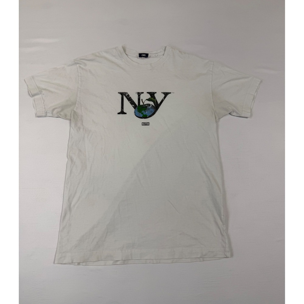 Distressed Kith NY Apple Earth Graphic T Shirt Mens XS White Short Sleeve Cotton